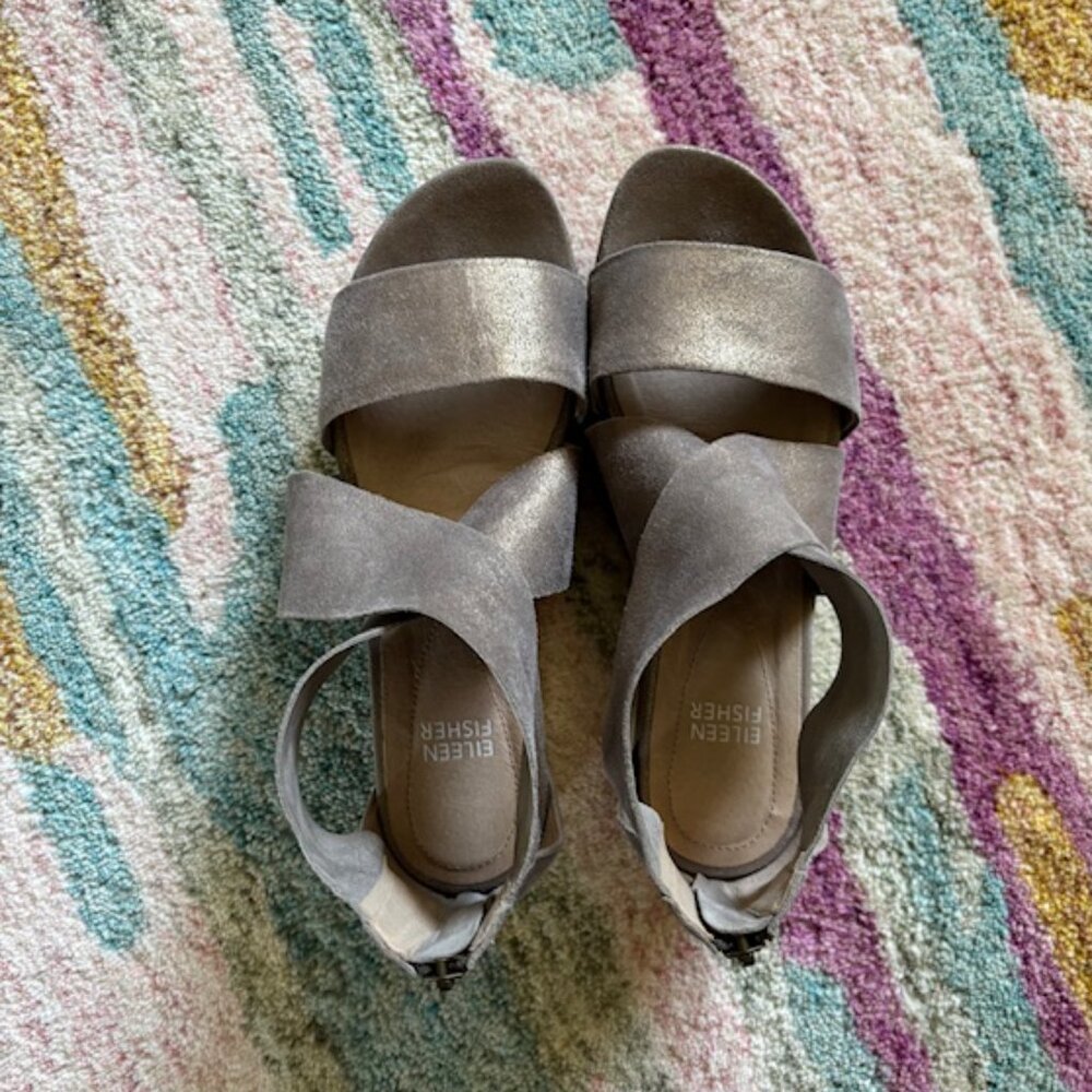 Eileen Fisher Sandals, Platinum Metallic Suede, size 7.5